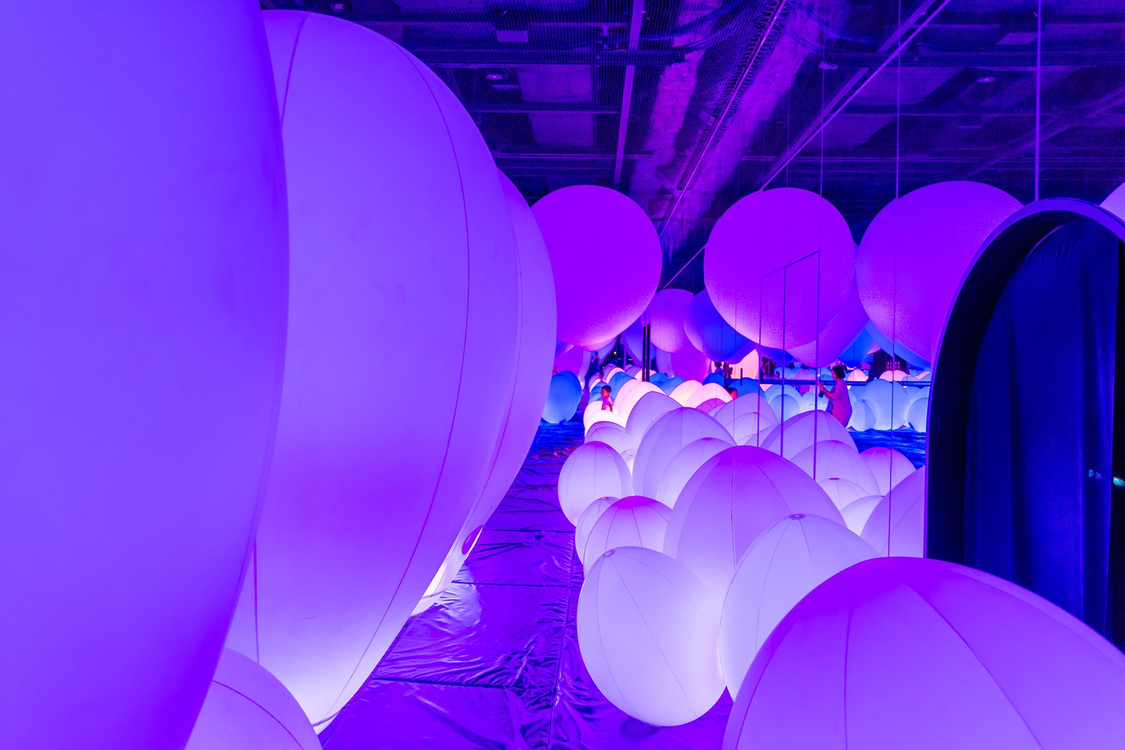 Glowing purple and white spheres filling a dark exhibition hall