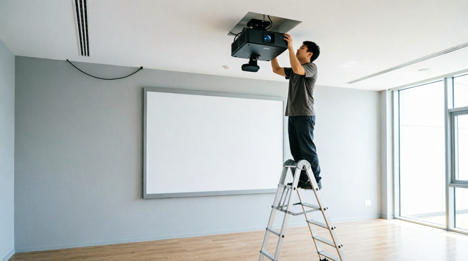 Technician installing a ceiling-mounted projection unit indoors