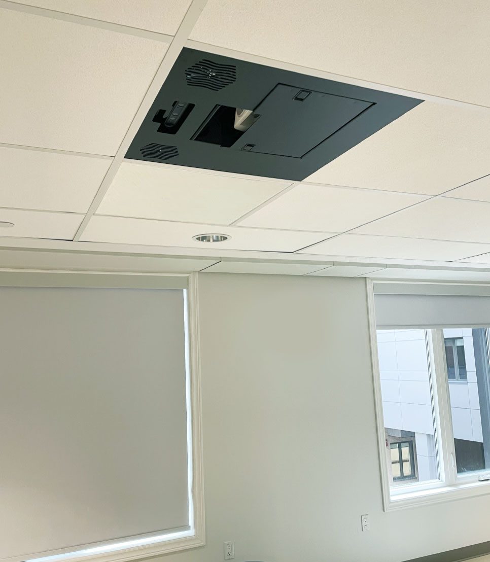 Integrated projection unit mounted at the ceiling in a compact housing