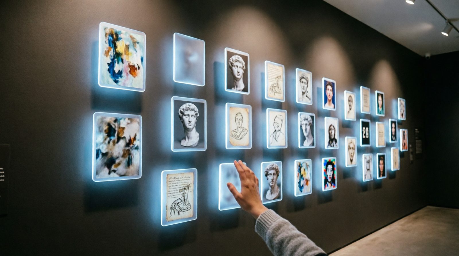 Visitors browsing content at a large interactive touch wall