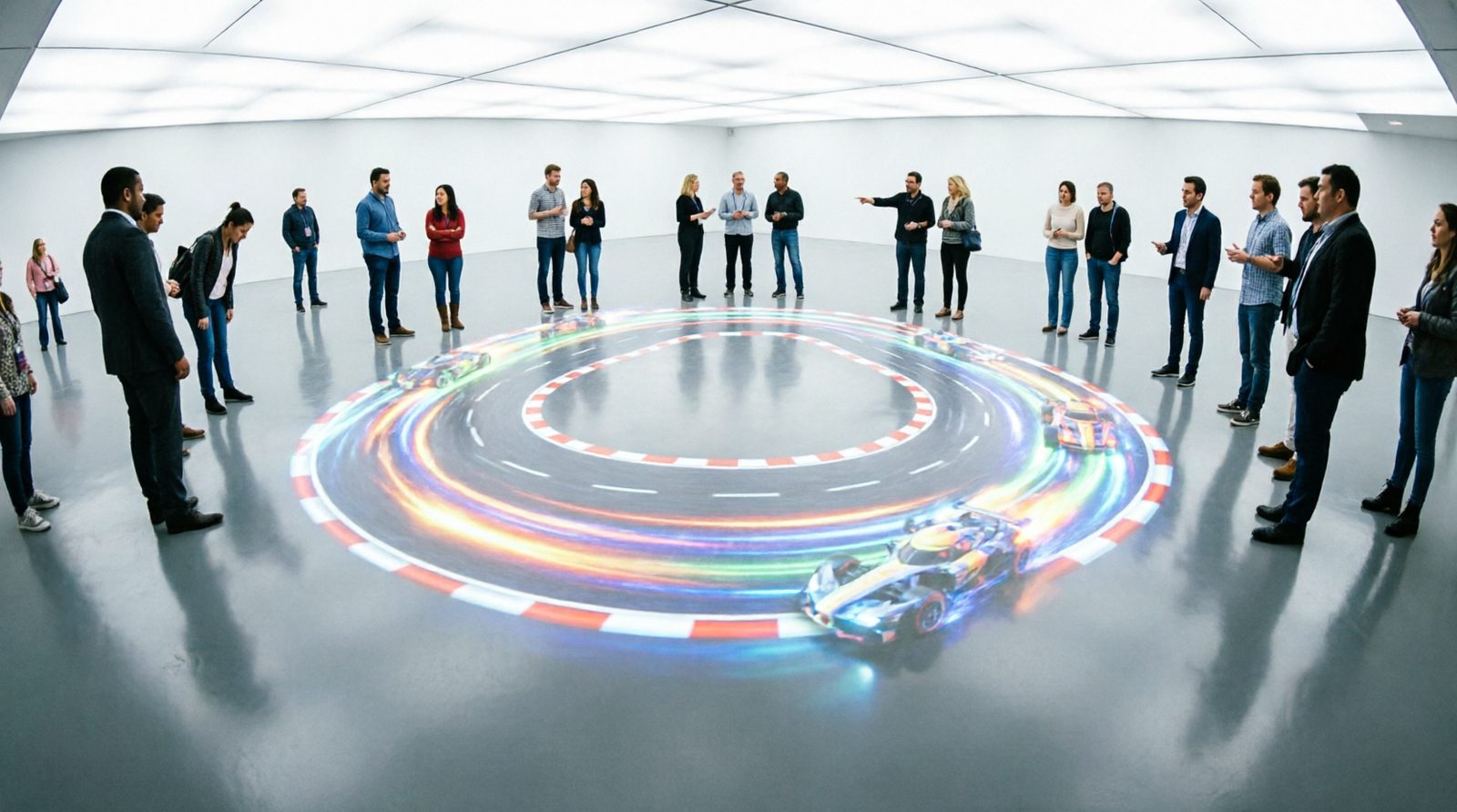 Crowds watching a tens-of-meters-wide interactive floor at an expo