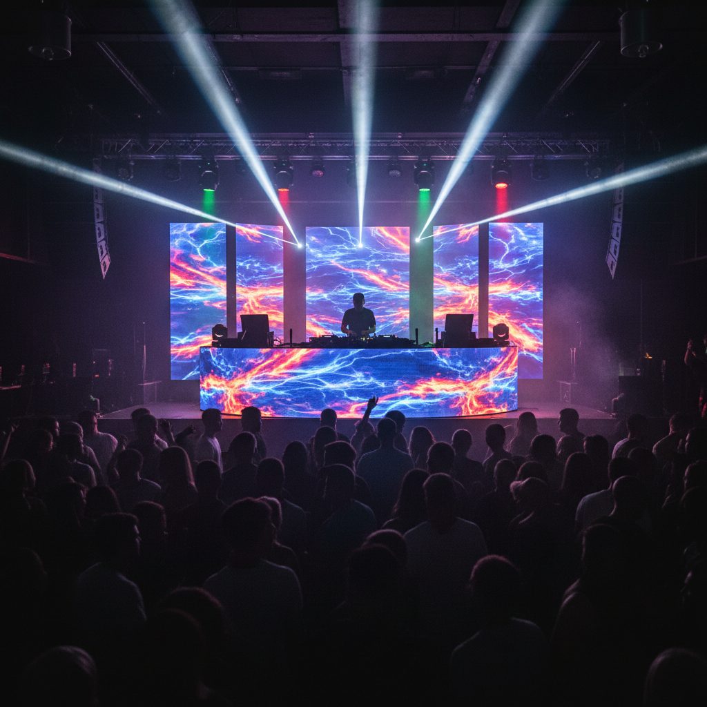 DJ stage interwoven with laser beams and LED visuals at a nightclub