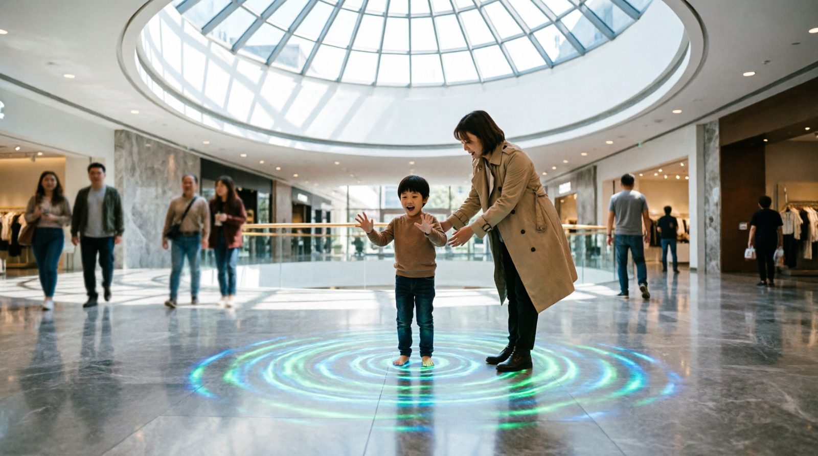 Visitor using a large touch-interactive screen at a mall activation