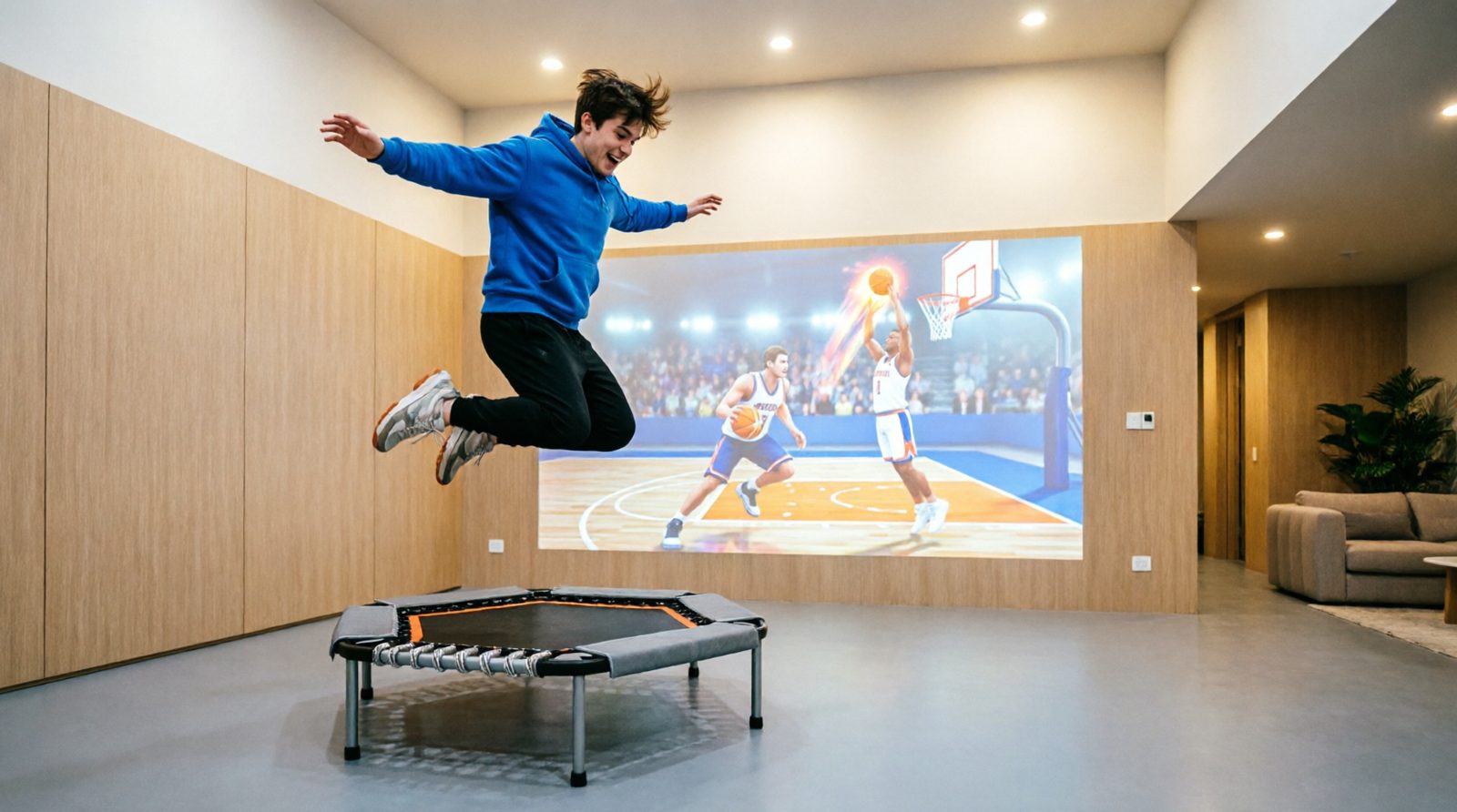 Player on an interactive trampoline platform controlling a big-screen AR game by jumping