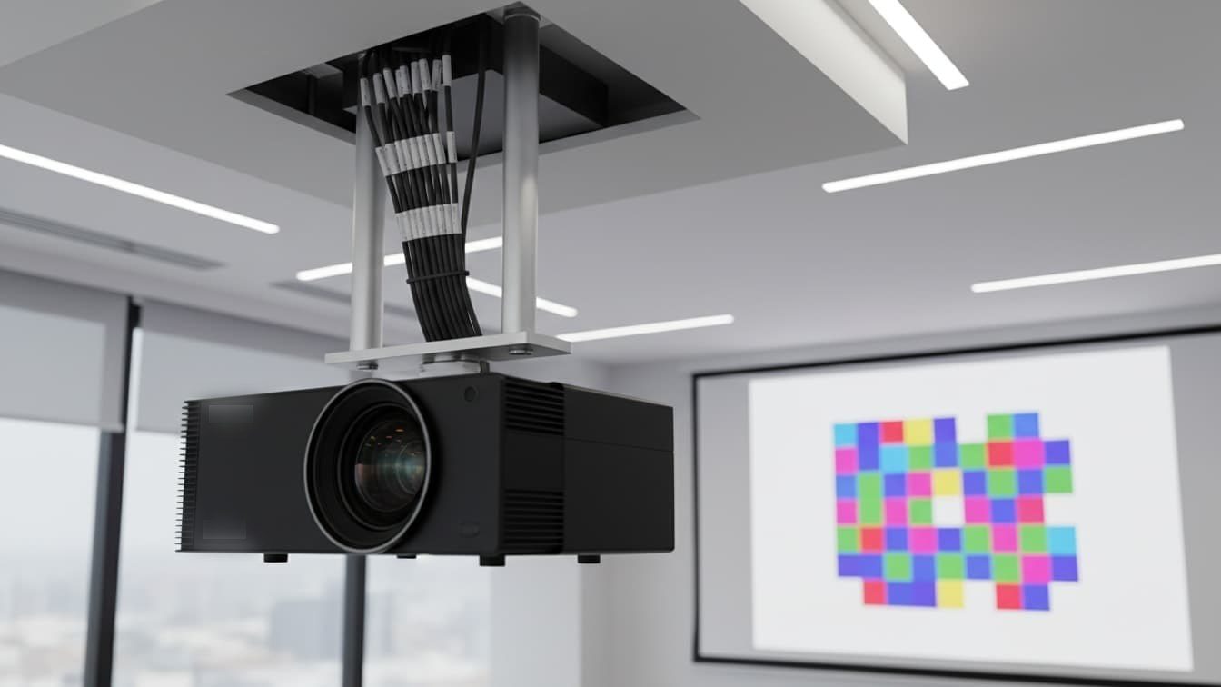 Ceiling-mounted projector being aligned during an interactive projection installation